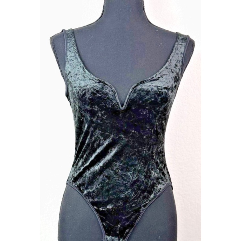 Vtg 90s Bonjour Bodysuit Sz L Velvet Dark Green Crushed Dark Romantic Whimsigoth